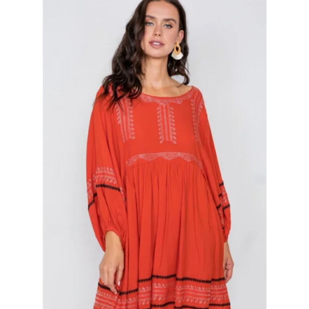 Hummingbird Women’s Boho Oversized‎ Tunic Flowy Embroidered Dress Size S Orange